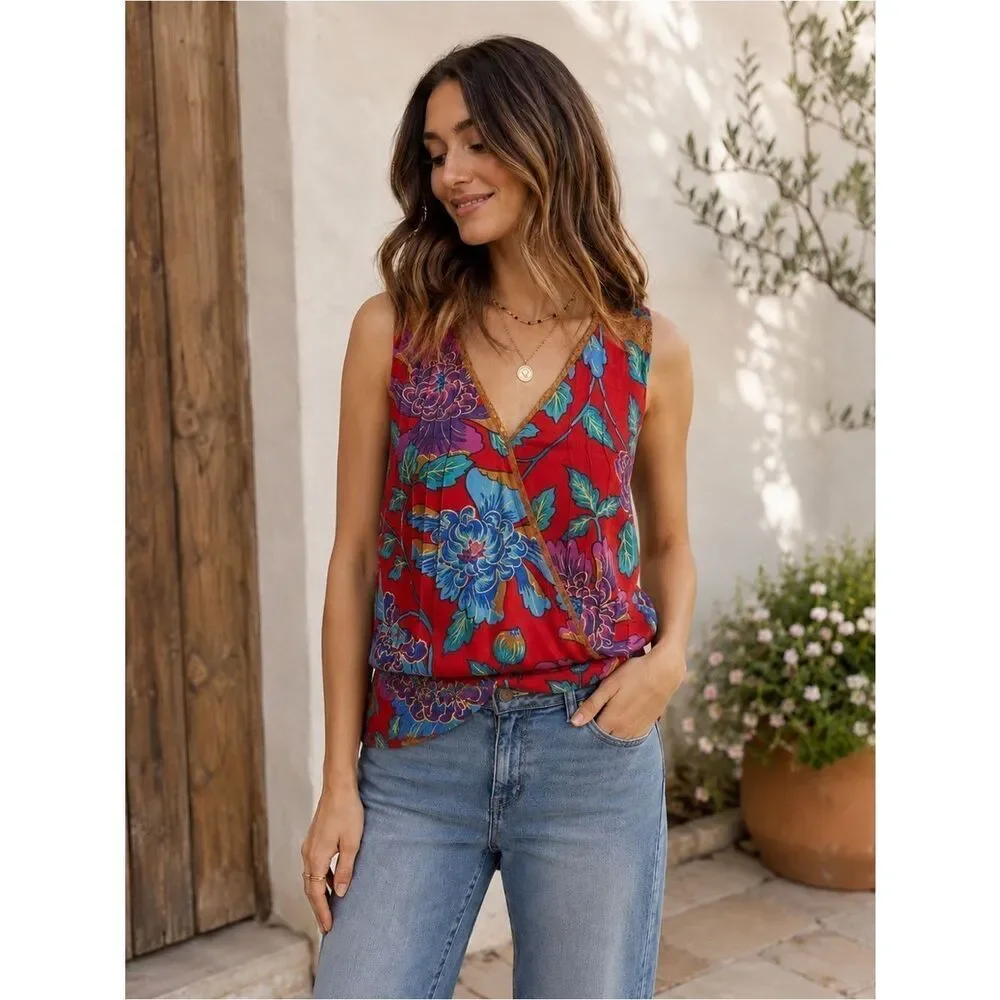 Anthropologie Tiny Red Floral V-Neck Wrap Blouse Boho Chic Aesthetic